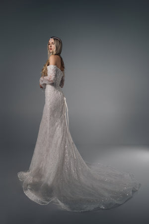Asteria off-shoulder floral lace mermaid wedding dress, side train view