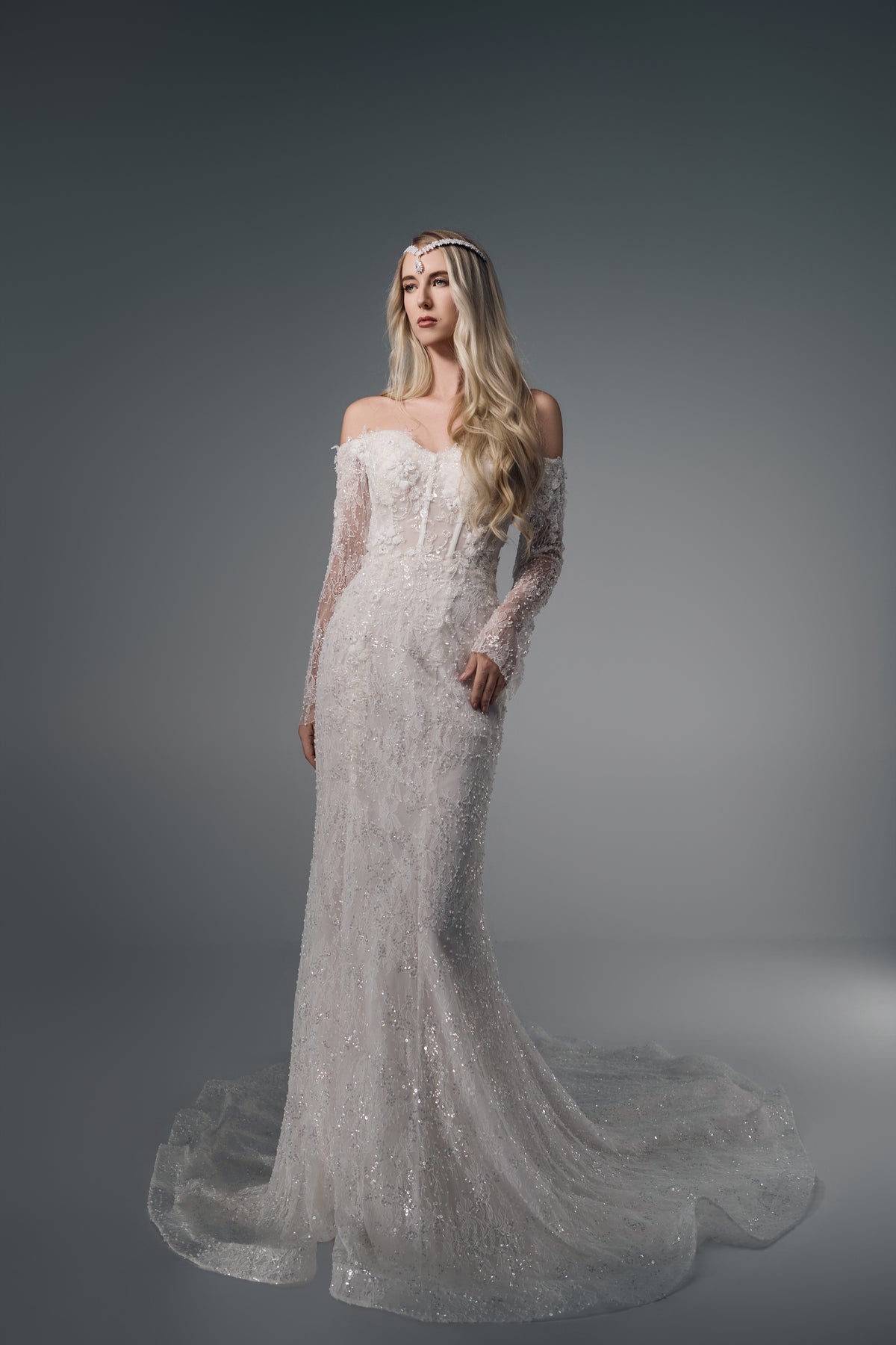 Asteria off-shoulder floral lace mermaid wedding dress, full-length front view