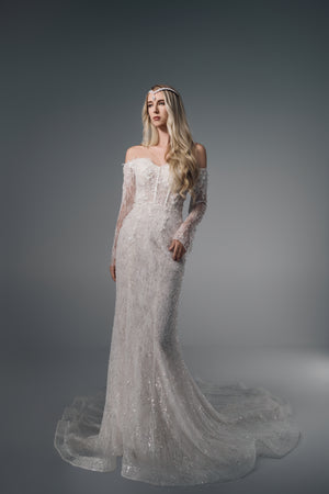 Asteria off-shoulder floral lace mermaid wedding dress, full-length front view