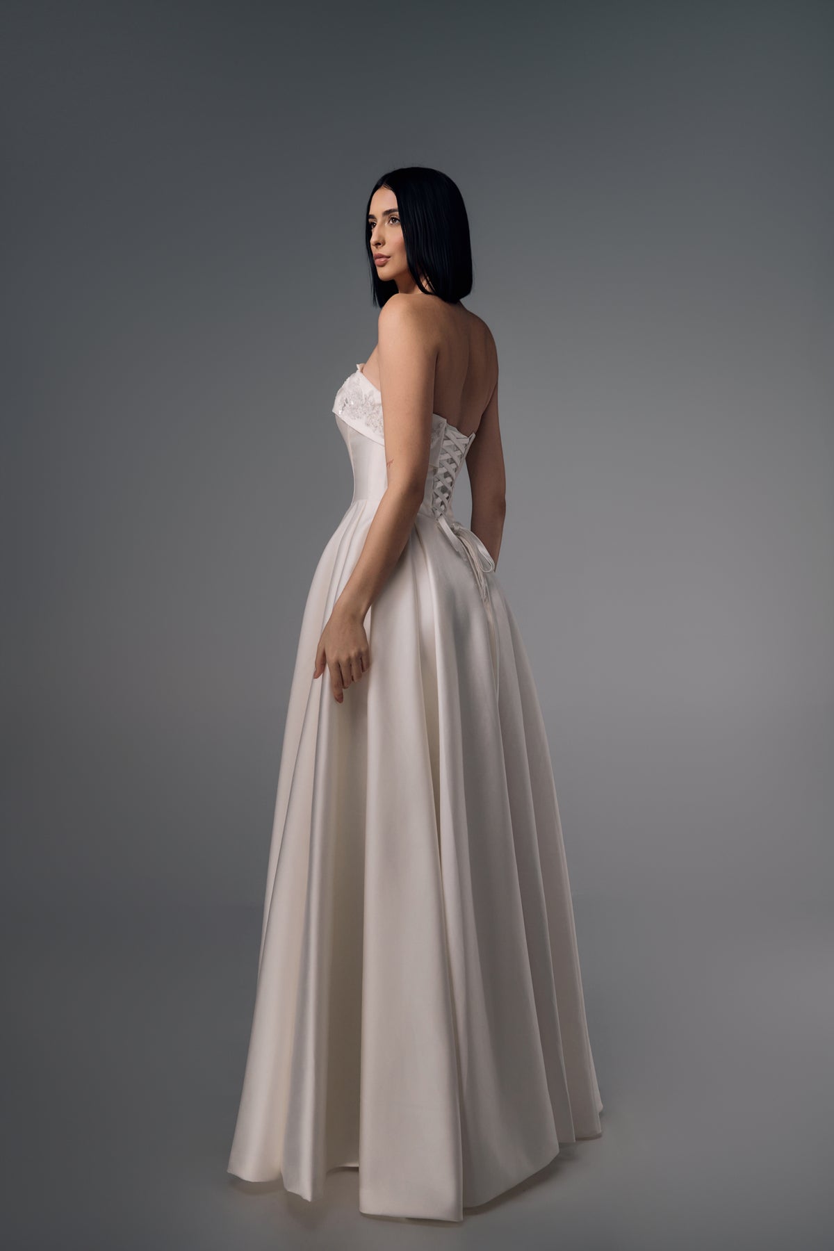 Azelie lace-up back satin A-line wedding dress, back view