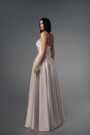 Azelie lace-up back satin A-line wedding dress, back view