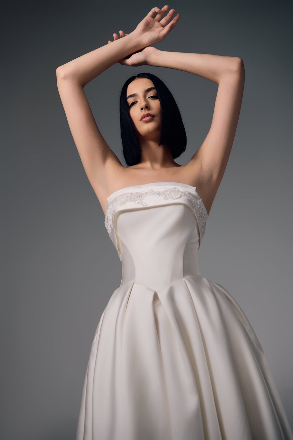 Azelie structured strapless bodice and folded neckline detail