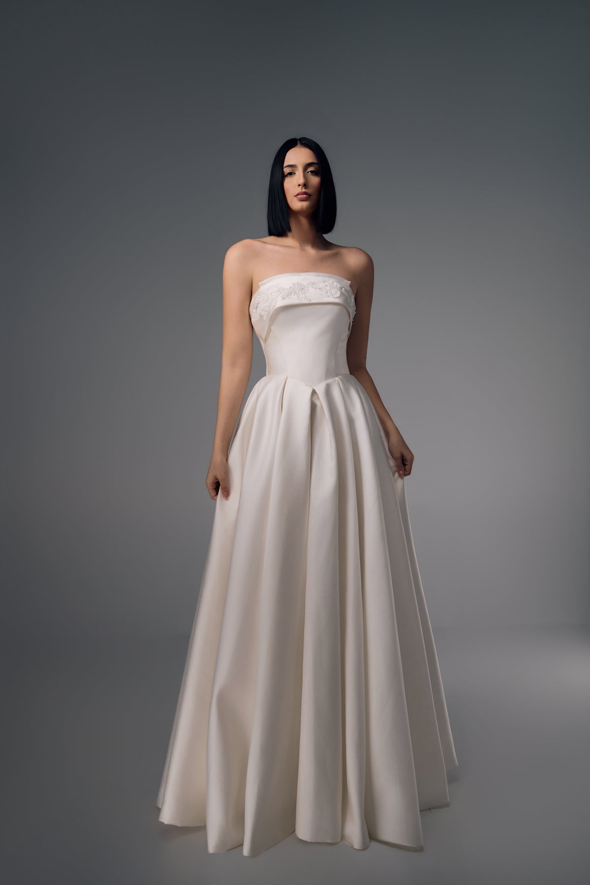 Azelie folded-neckline satin A-line wedding dress, front view
