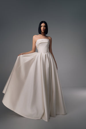 Azelie strapless satin A-line wedding dress with full pleated skirt