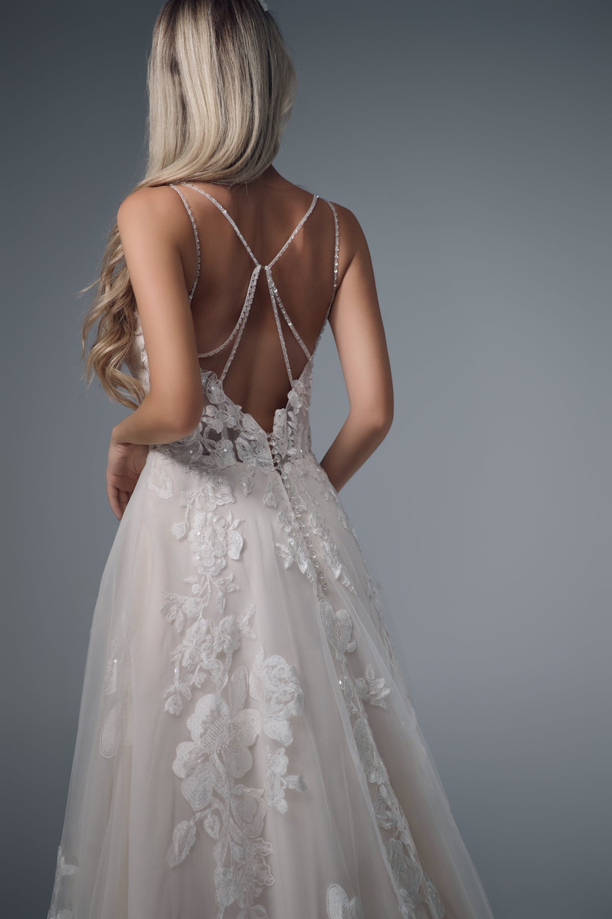 Calanthe floral lace A-line wedding dress, cross-strap back detail