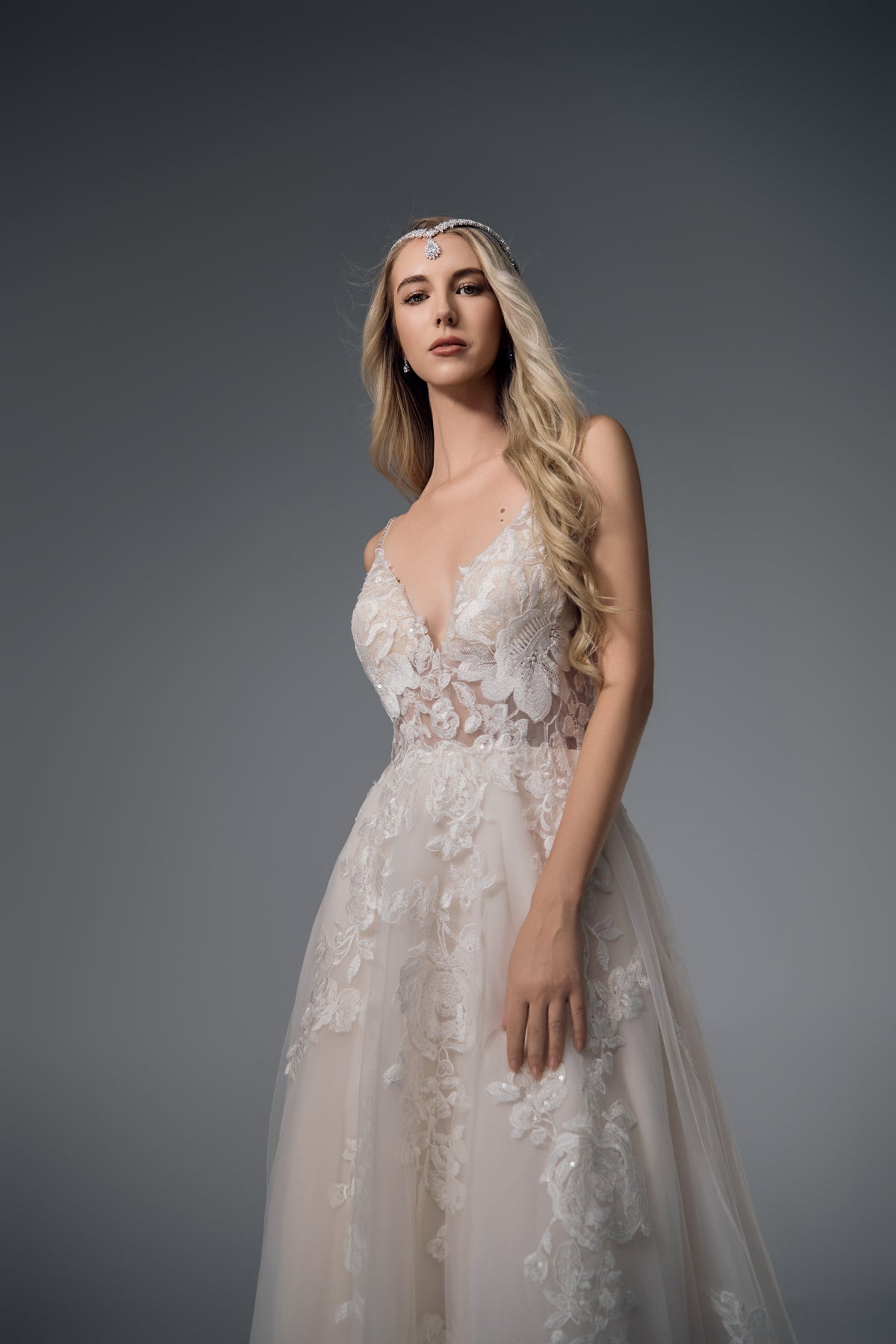 Calanthe floral lace A-line wedding dress, bodice detail