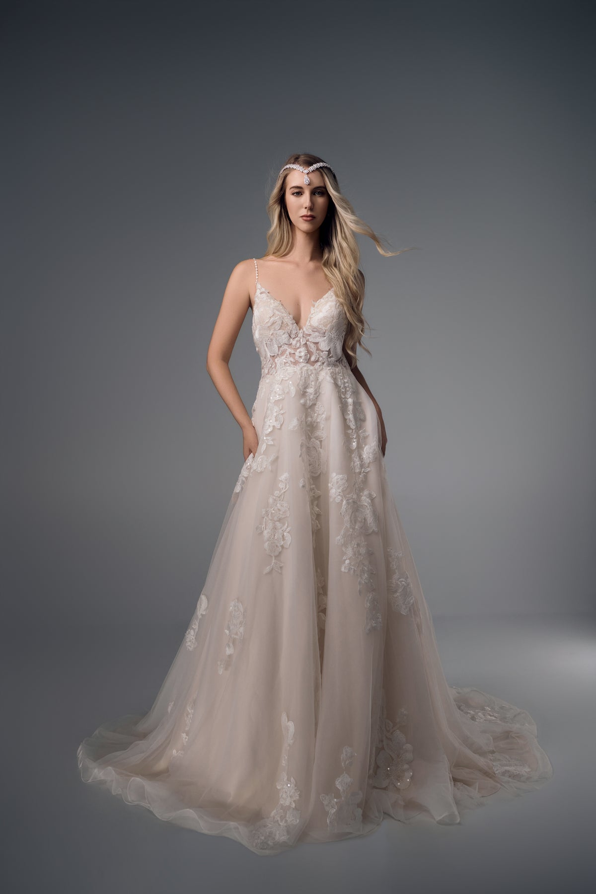 Calanthe floral lace A-line wedding dress, full-length front view