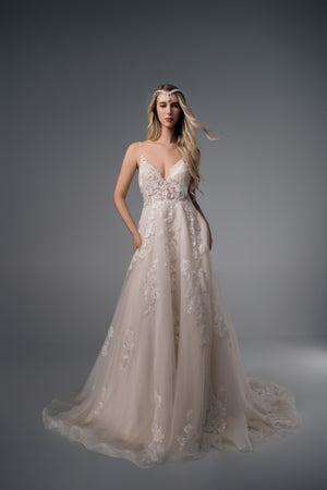 Calanthe floral lace A-line wedding dress, full-length front view