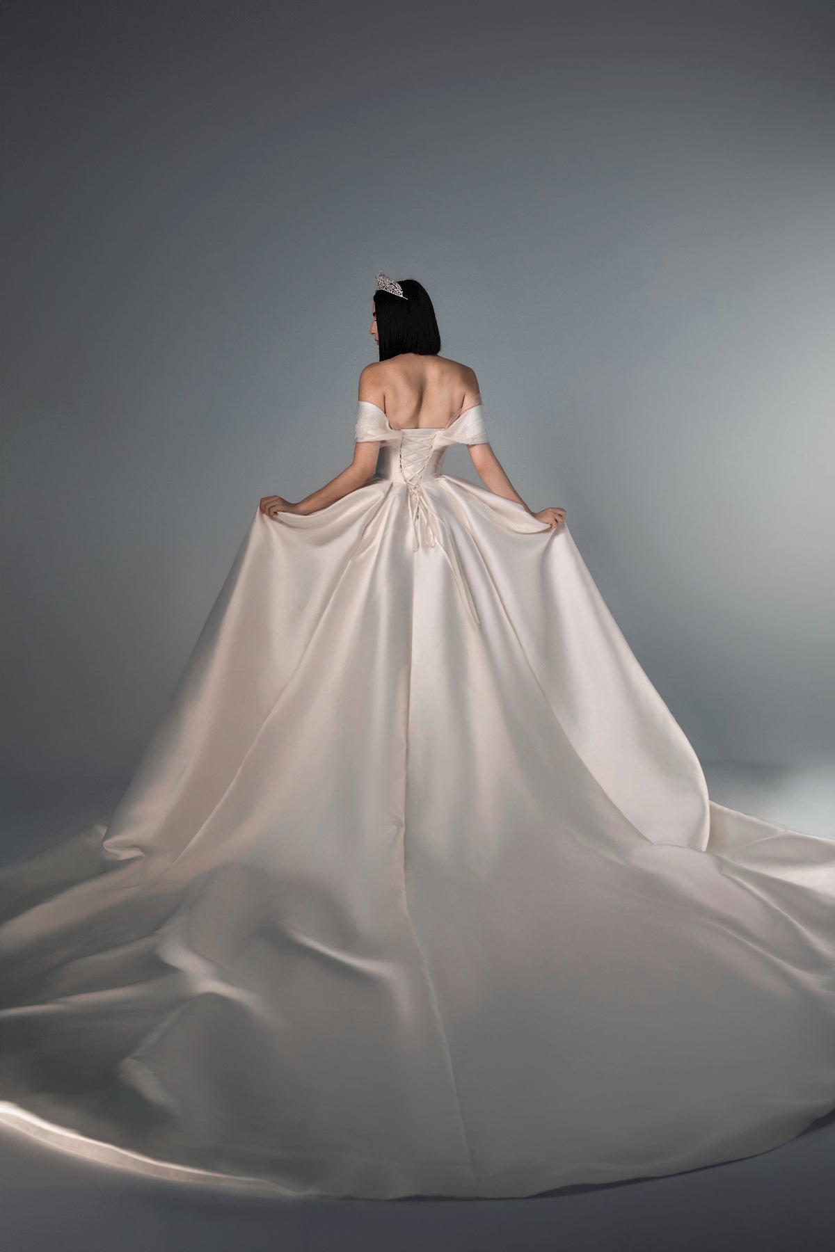 Callista off-shoulder satin A-line wedding dress, back view