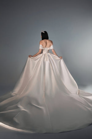 Callista off-shoulder satin A-line wedding dress, back view