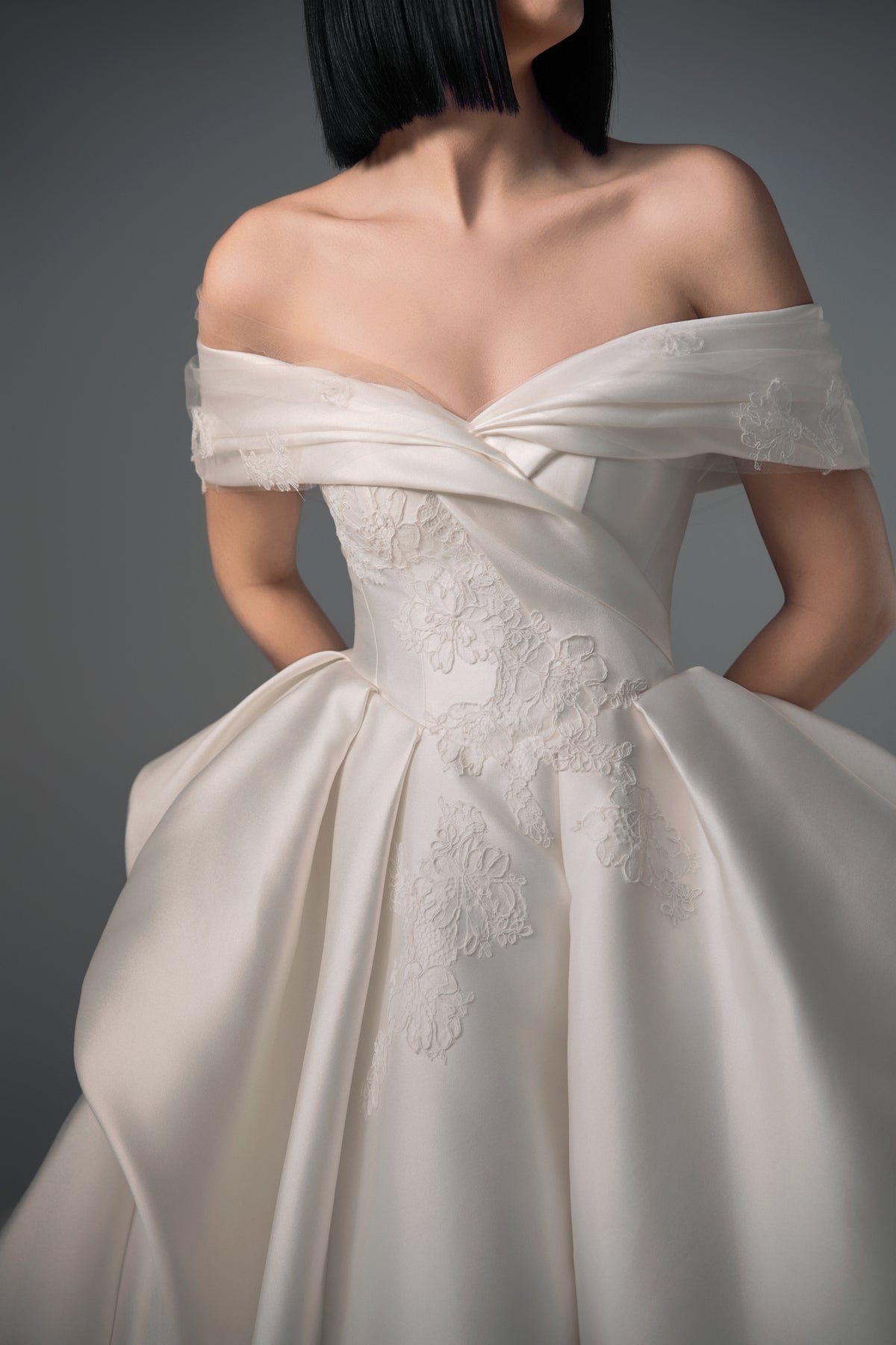 Callista off-shoulder satin A-line wedding dress, bodice view