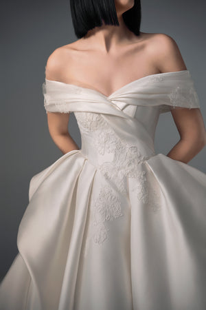 Callista off-shoulder satin A-line wedding dress, bodice view