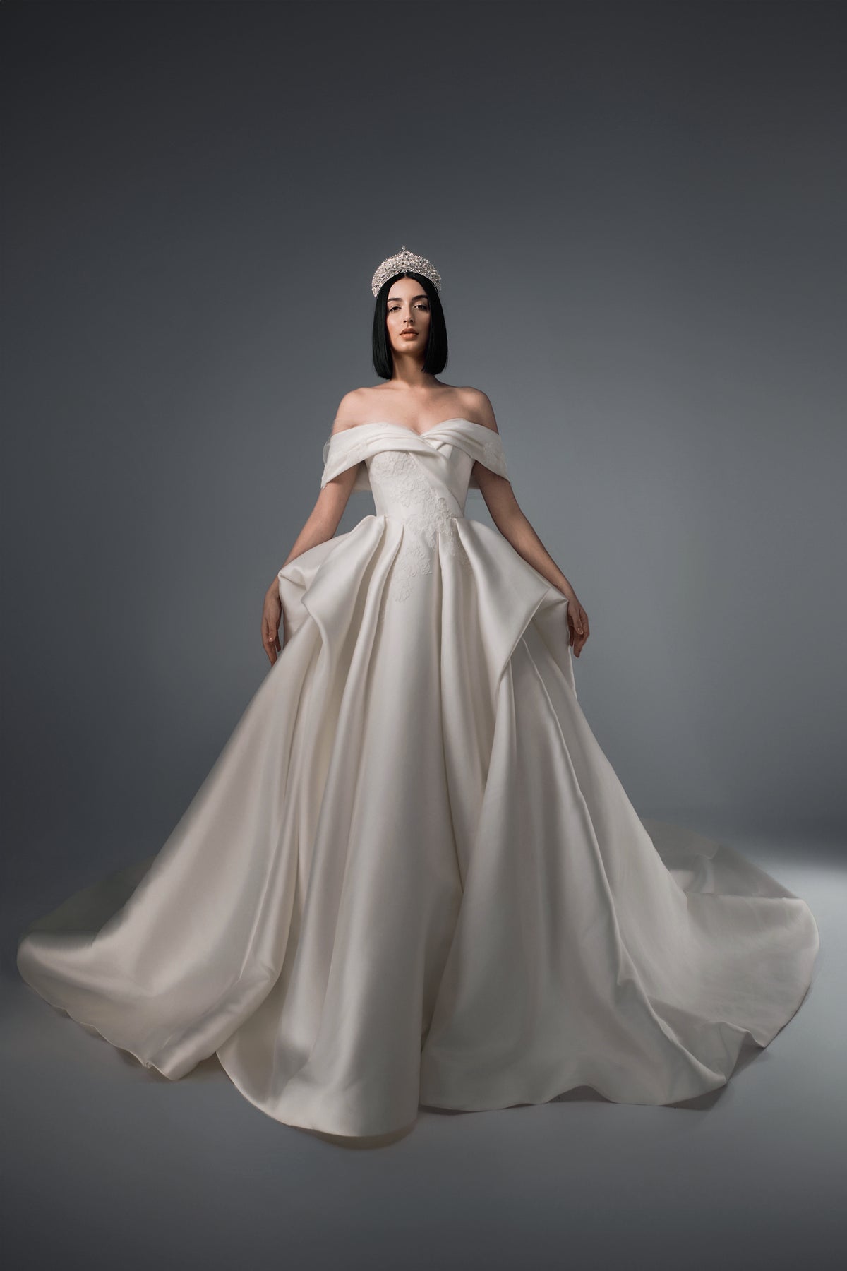 Callista off-shoulder satin A-line wedding dress, front view