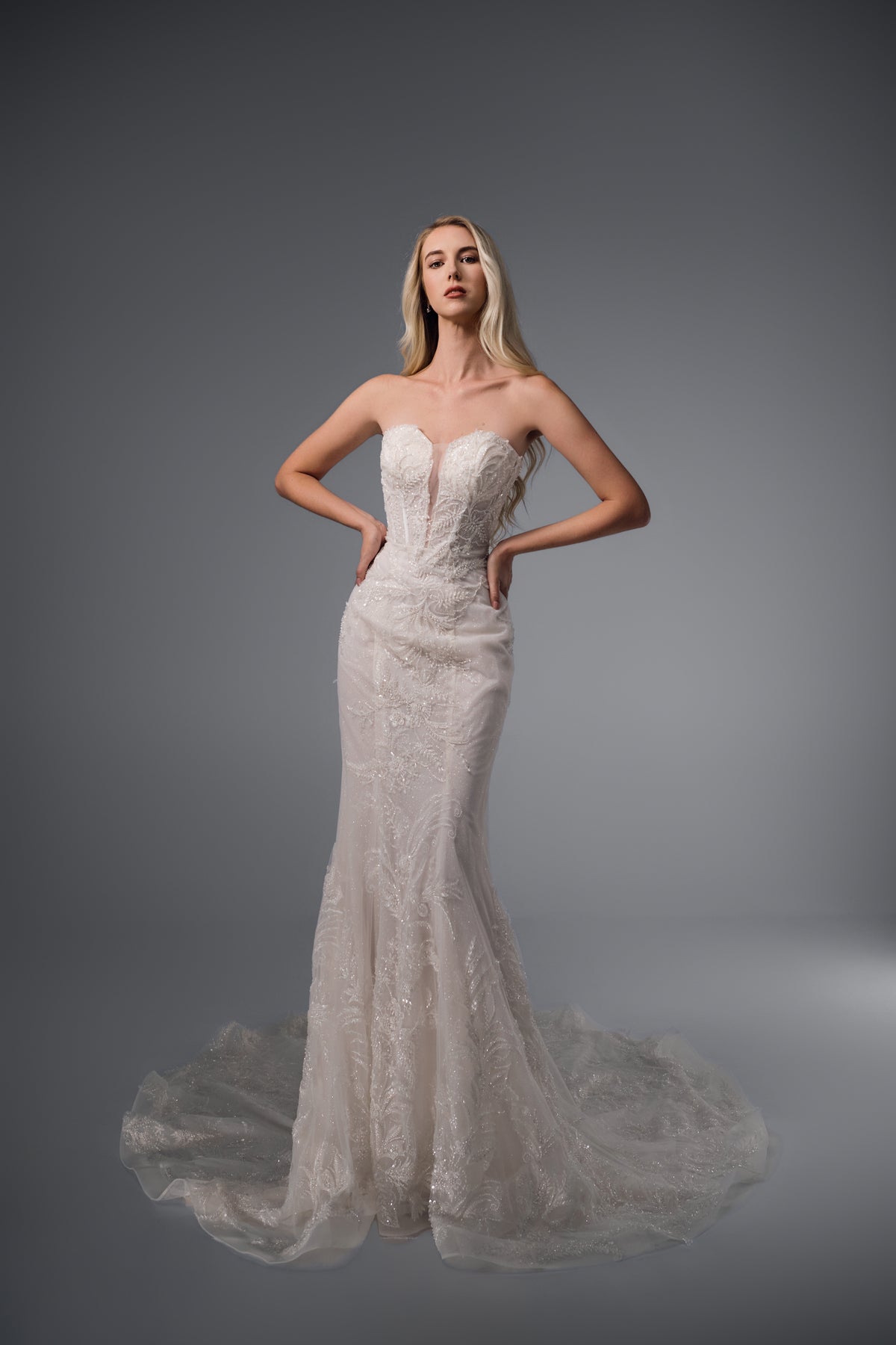 Corisande strapless beaded lace mermaid wedding dress, front view