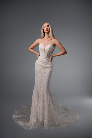 Corisande strapless beaded lace mermaid wedding dress, front view