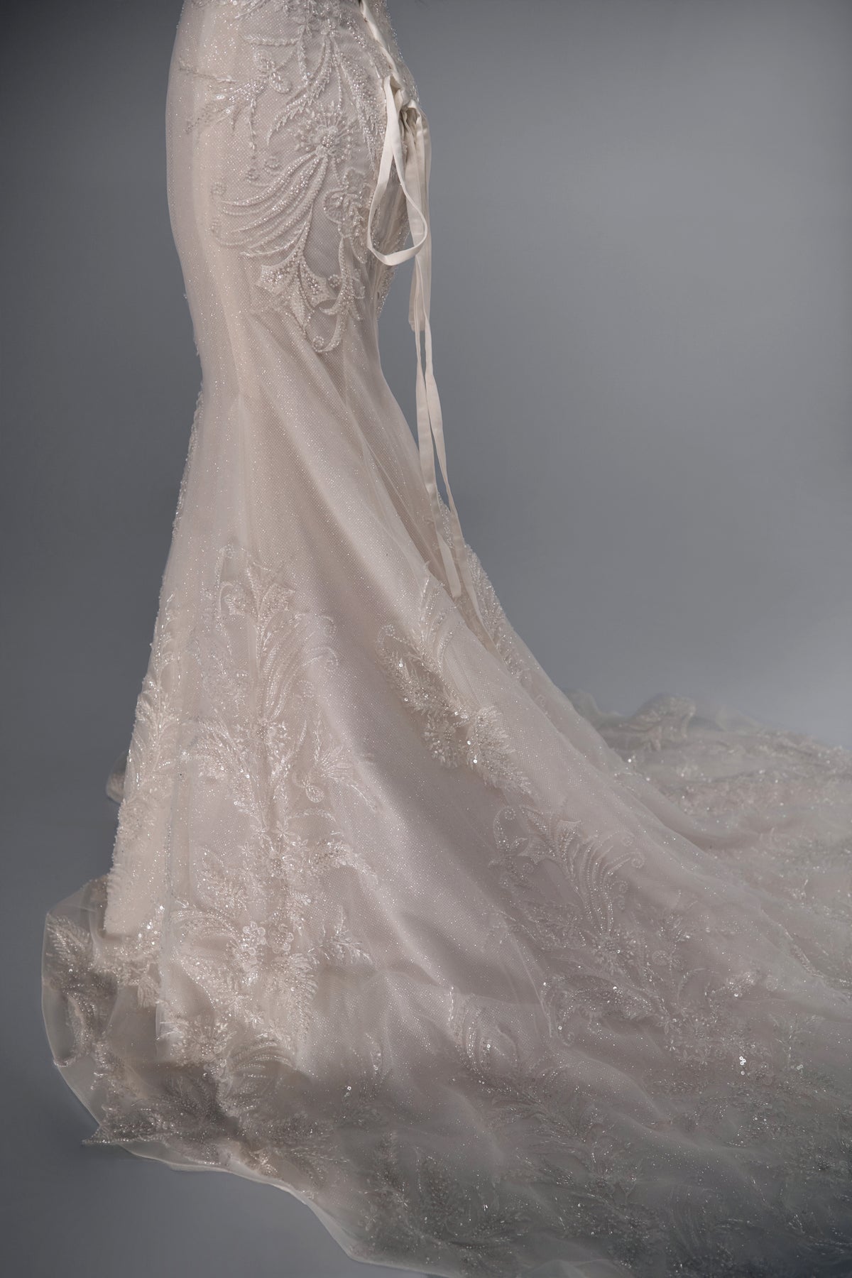 Corisande beaded lace mermaid wedding dress train detail