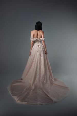 Delphine off-shoulder 3D floral tulle A-line wedding dress, back train view