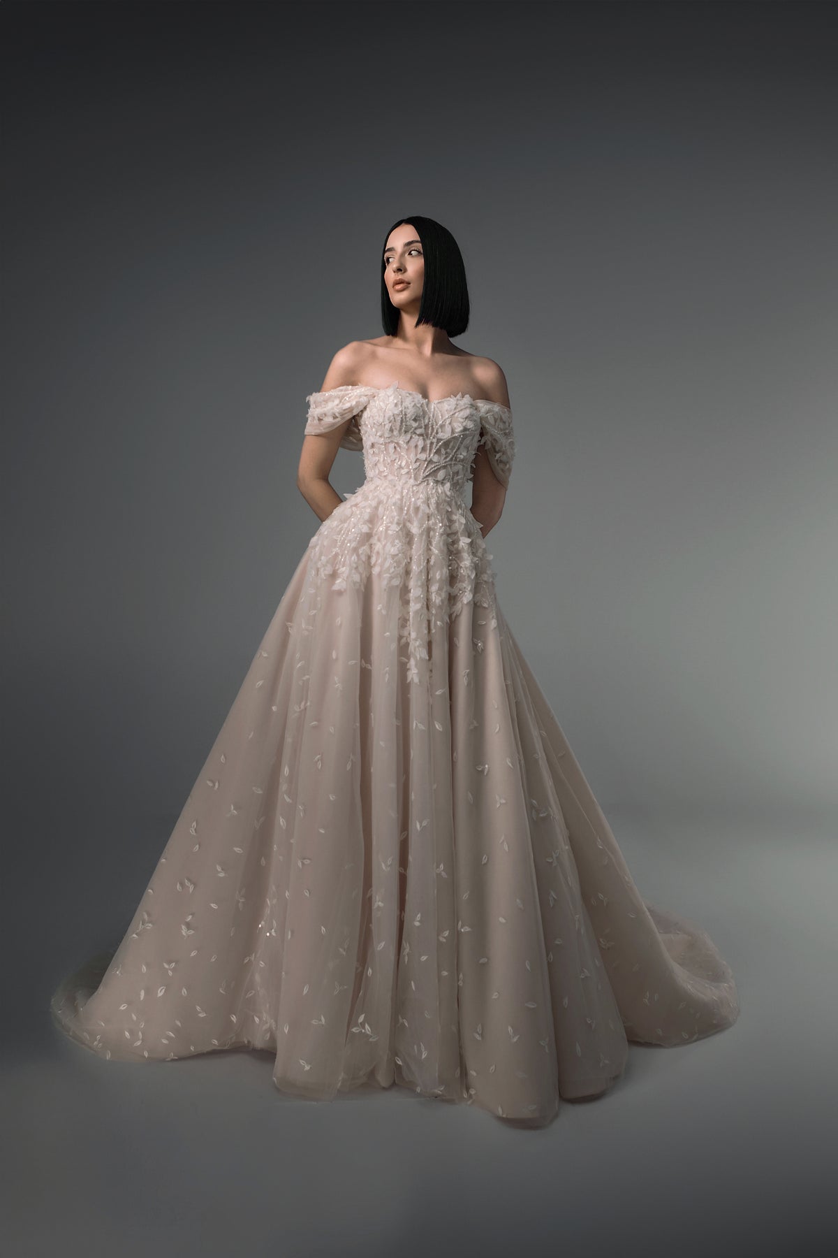 Delphine off-shoulder 3D floral tulle A-line wedding dress, front view