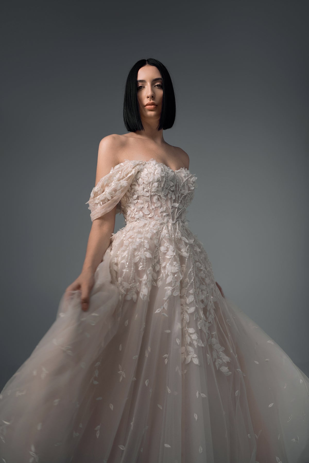 Delphine off-shoulder 3D floral tulle A-line wedding dress, side view