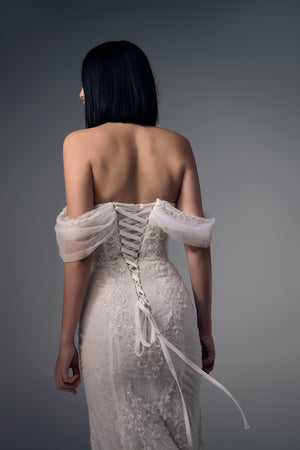 Eulalie low lace-up back and draped sleeves, back view