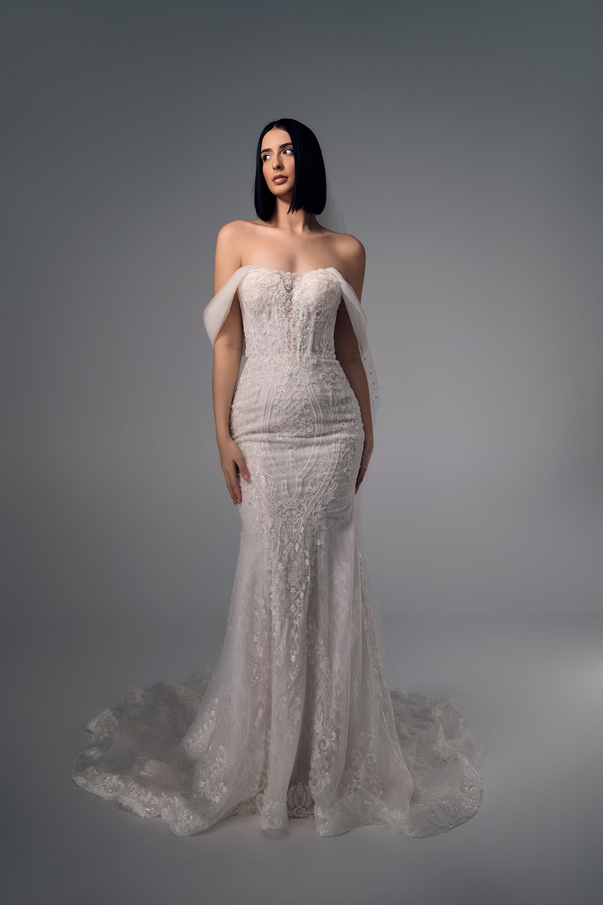 Eulalie draped-sleeve lace mermaid wedding dress, front view