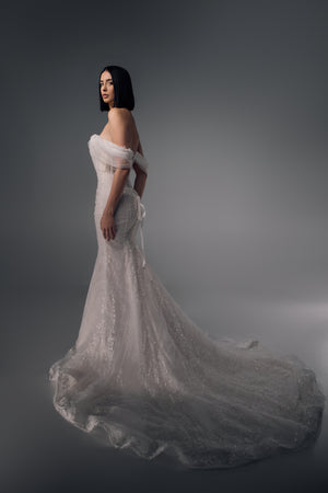 Eulalie fitted lace mermaid wedding dress with train, side view