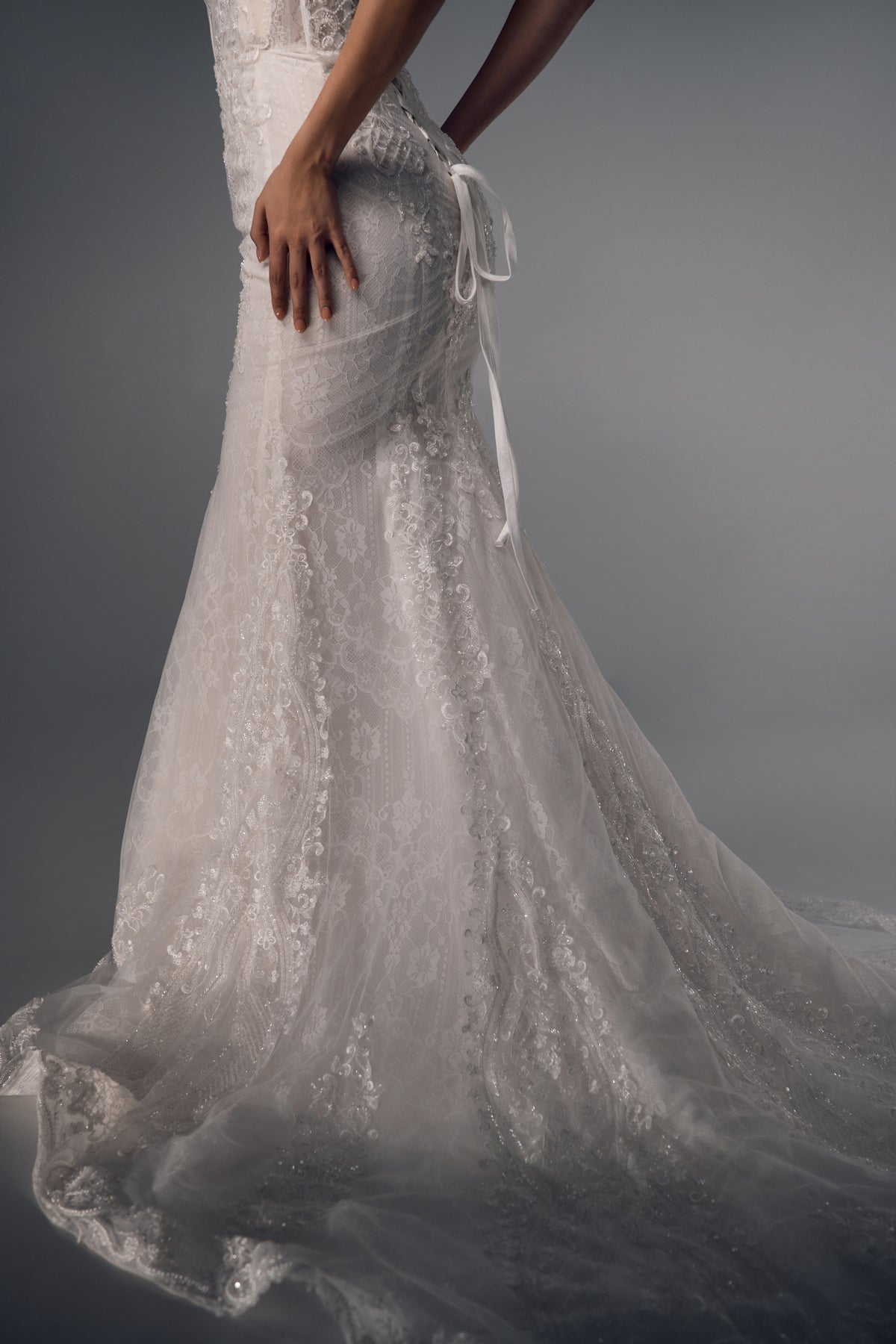 Eulalie lace mermaid wedding dress train detail