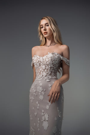 Evadne floral lace off-shoulder wedding dress bodice detail