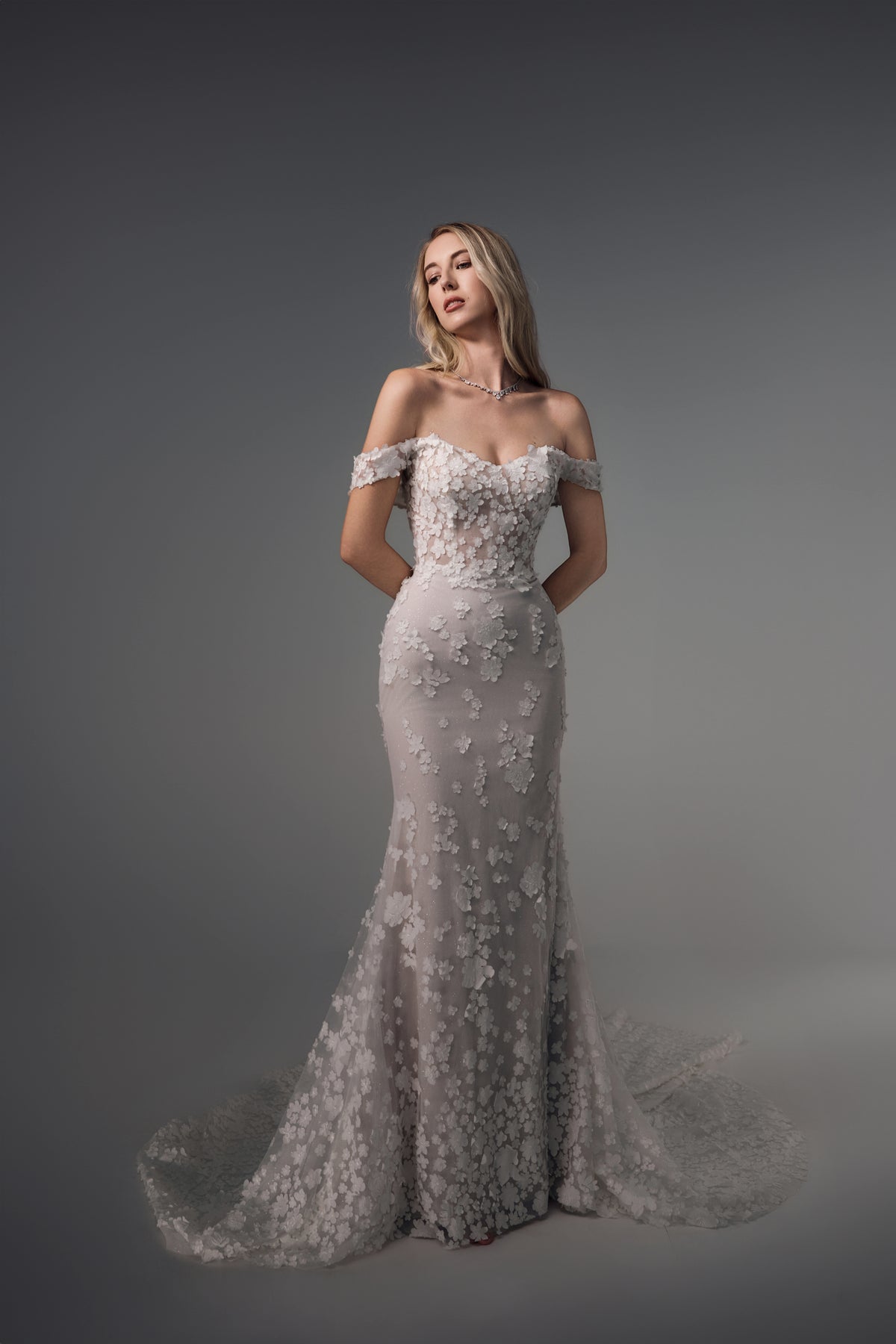 Evadne off-shoulder floral lace mermaid wedding dress, front view