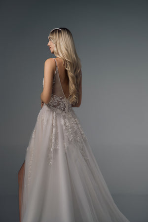 Evania spaghetti-strap lace A-line wedding dress, low-back detail