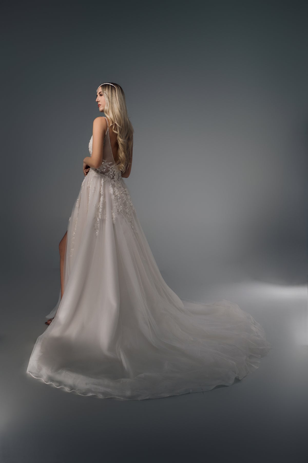 Evania lace A-line wedding dress, back train view
