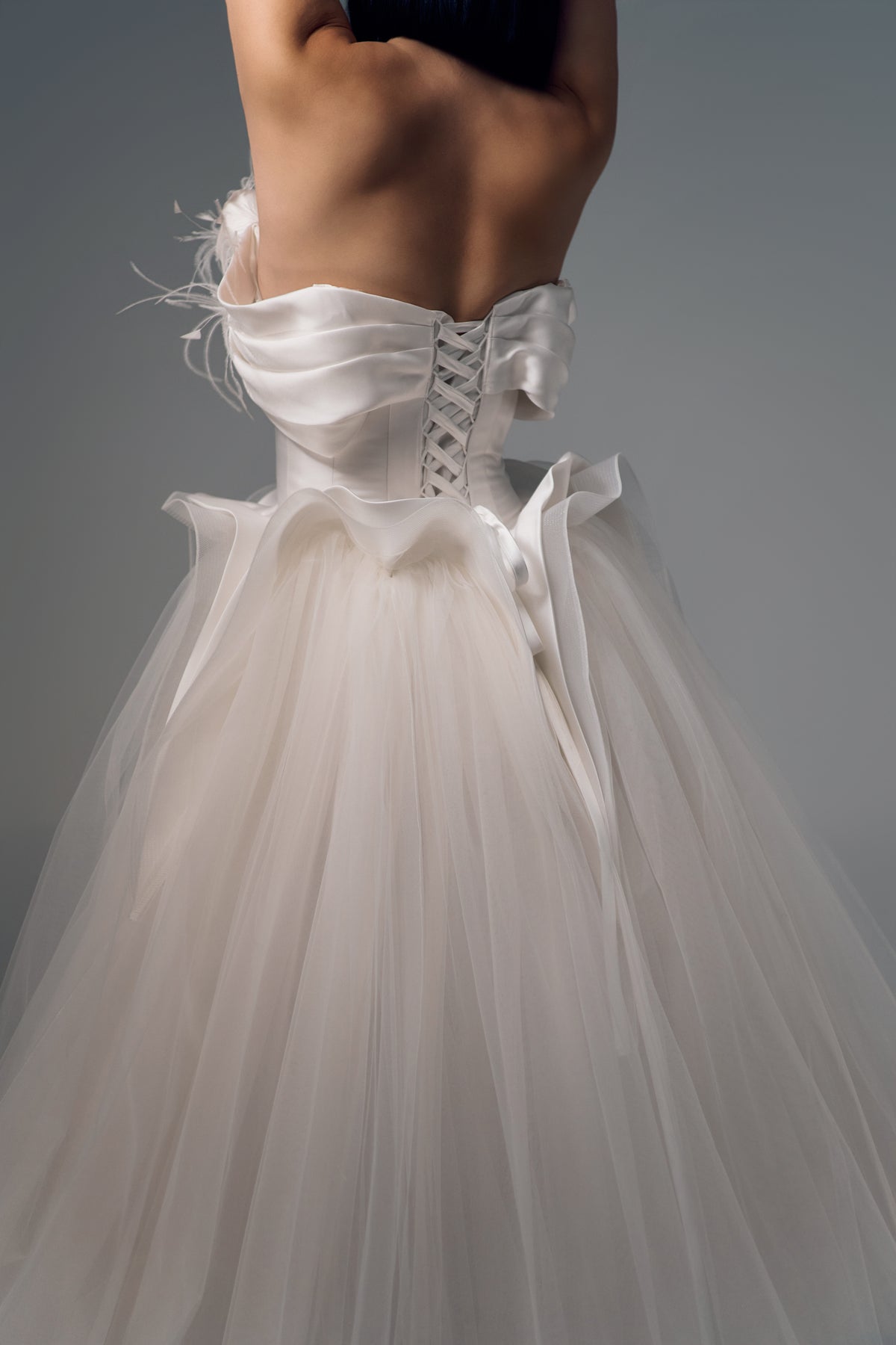 Fiora floral tulle A-line wedding dress, back waist detail