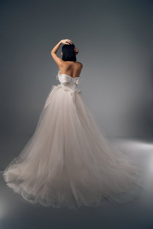 Fiora off-shoulder floral tulle A-line wedding dress, full back view