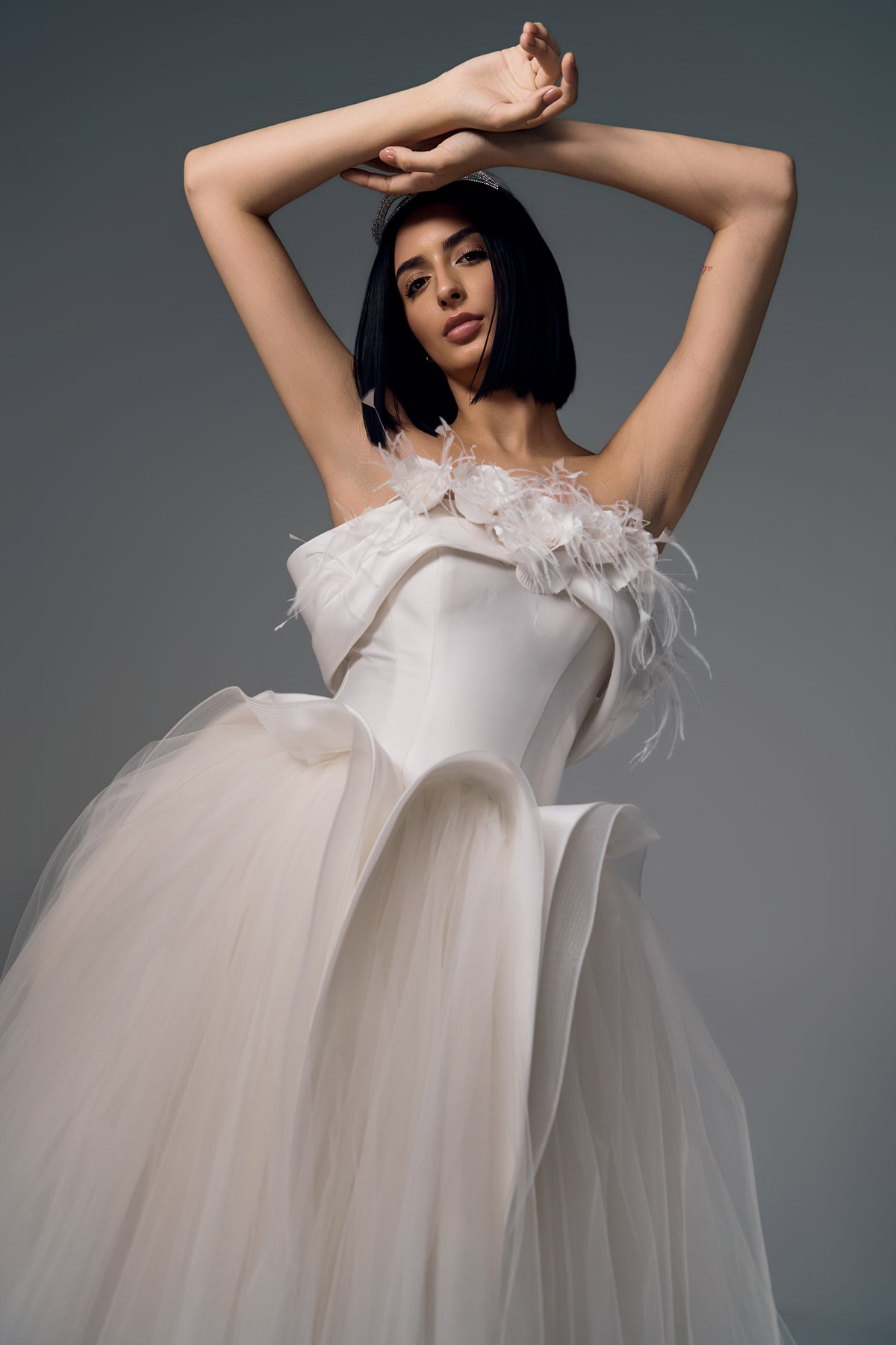 Fiora floral tulle A-line wedding dress, off-shoulder bodice view