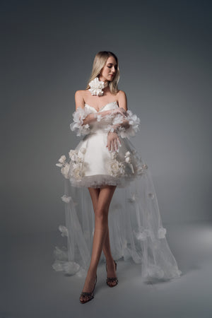 Fiorella 3D floral mini wedding dress with tulle train, front view