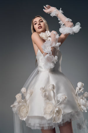 Fiorella 3D floral mini wedding dress with tulle train, side view