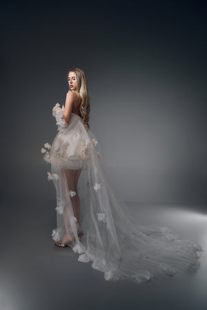 Fiorella 3D floral mini wedding dress with tulle train, train view