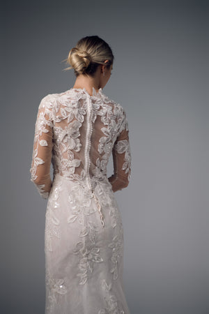 Galatea long-sleeve floral lace mermaid wedding dress, back detail
