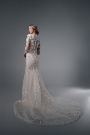 Galatea long-sleeve floral lace mermaid wedding dress, side train view