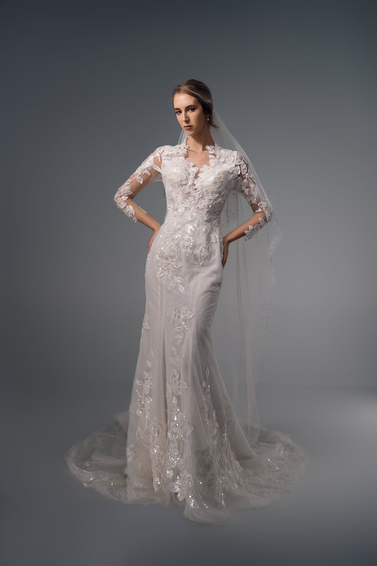 Galatea long-sleeve floral lace mermaid wedding dress, full-length front view