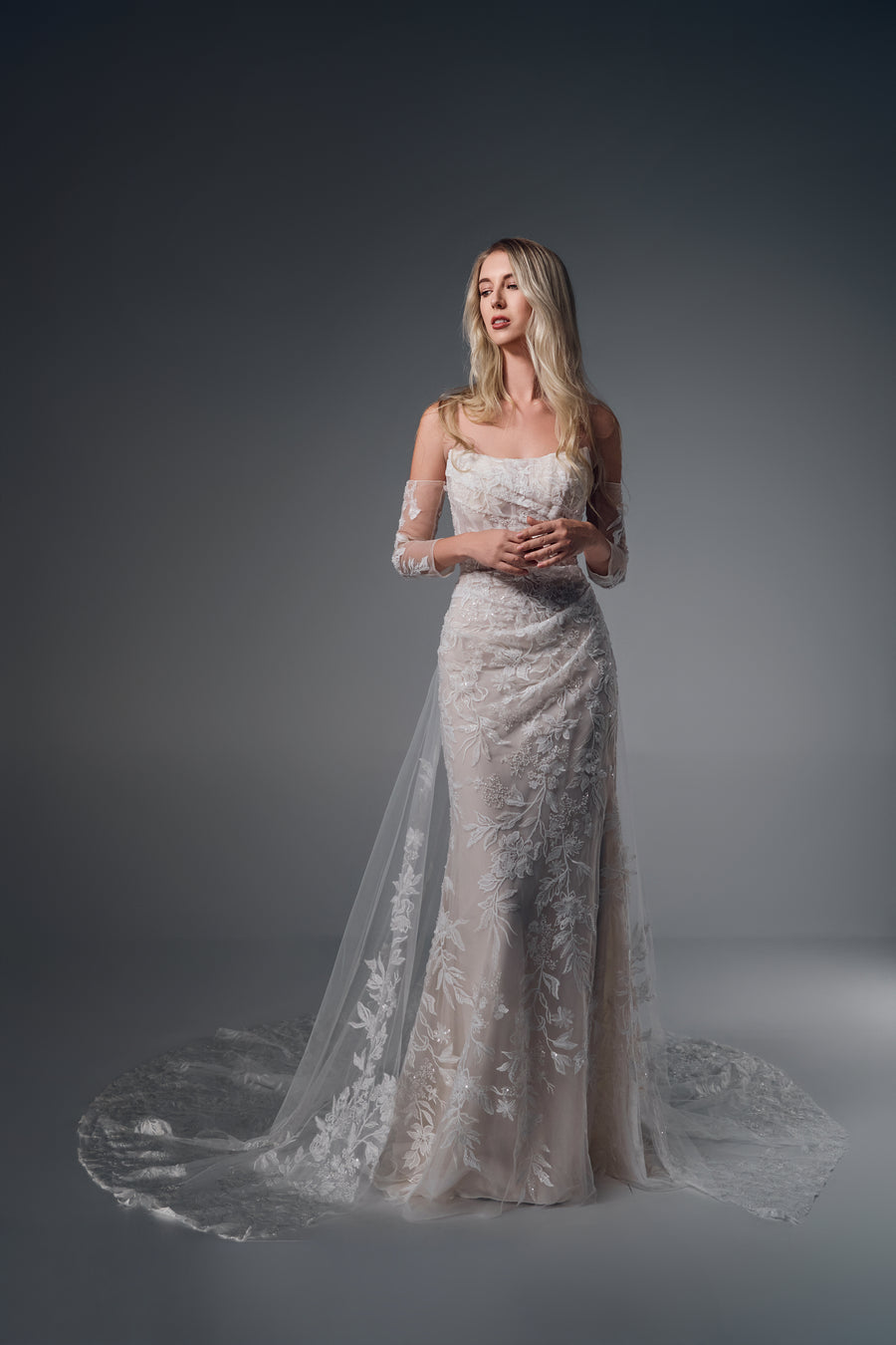 Genevra long-sleeve floral lace mermaid wedding dress, front view