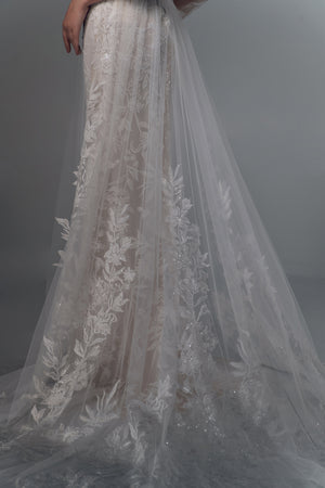 Genevra long-sleeve floral lace mermaid wedding dress, lace detail view