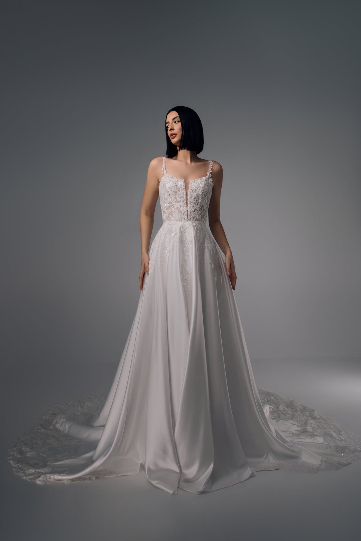 Ianthe floral bodice satin A-line wedding dress, front view
