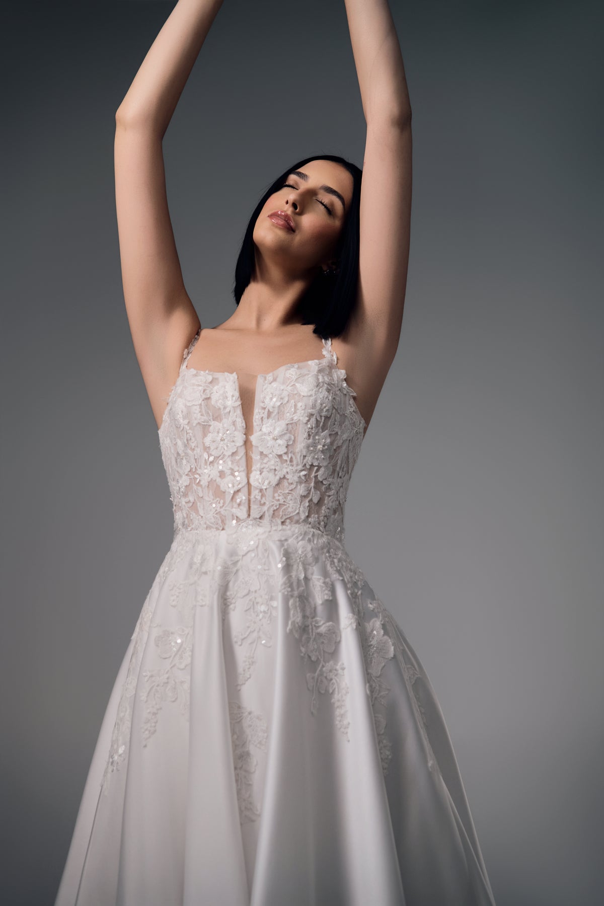 Ianthe floral strap satin A-line wedding dress, full-length view