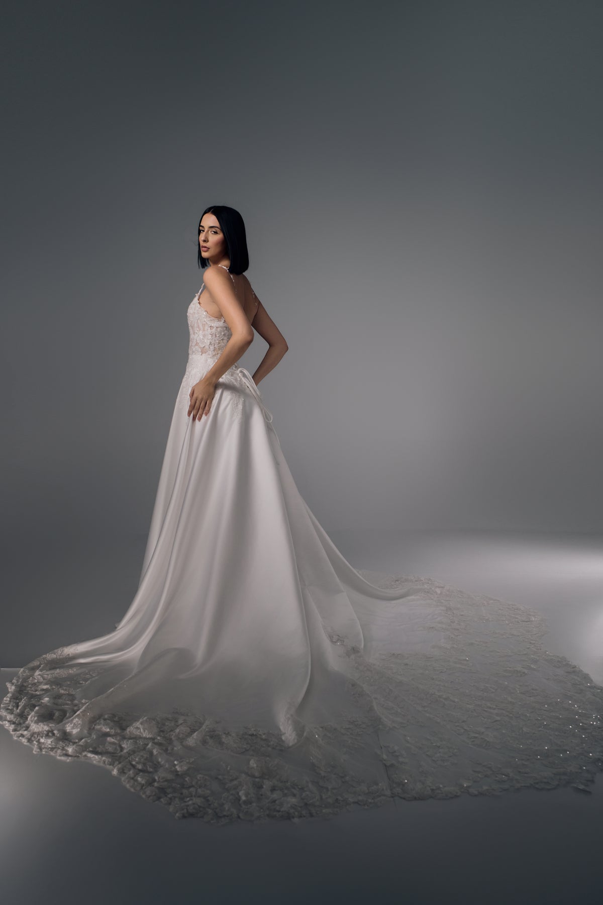 Ianthe satin A-line wedding dress with lace train, side view