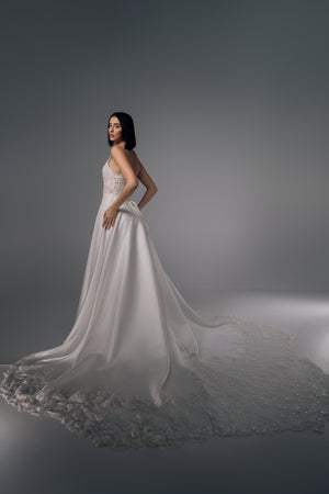Ianthe satin A-line wedding dress with lace train, side view