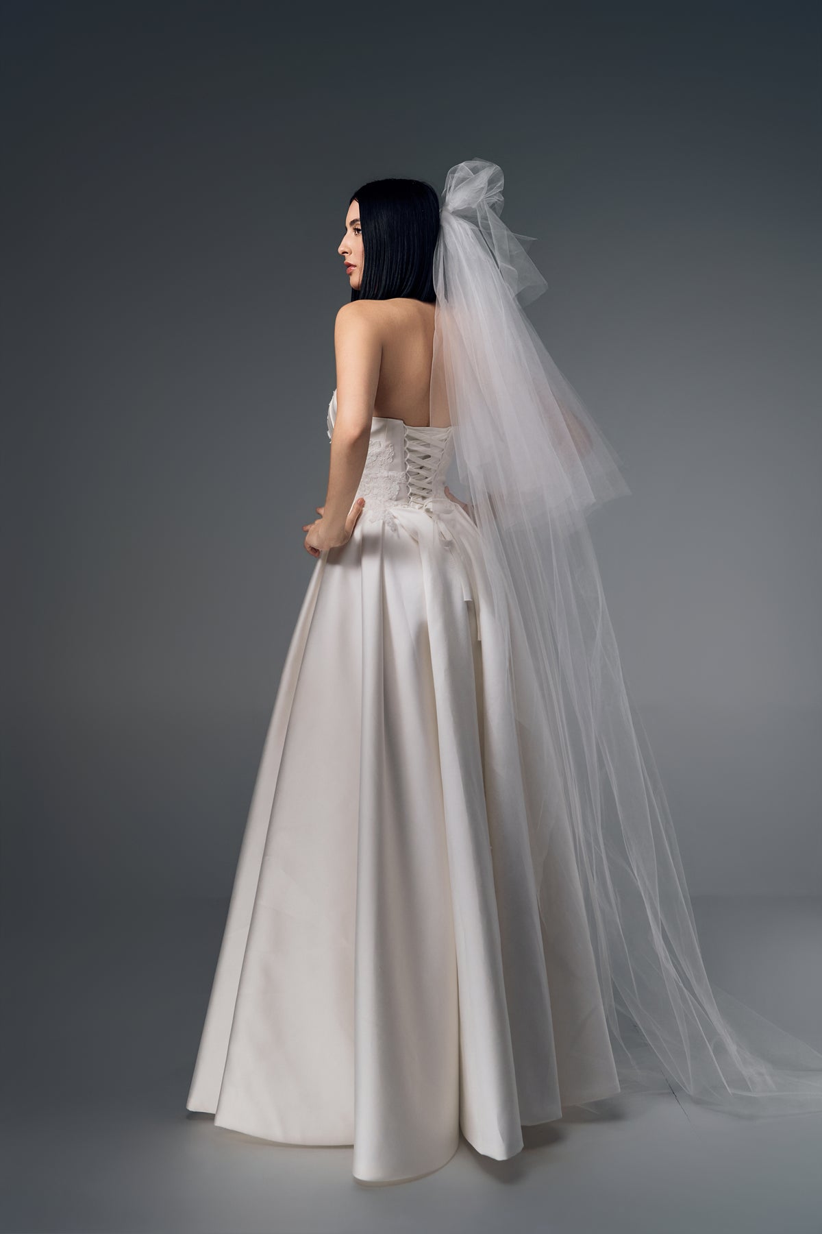 Idalia strapless lace and satin A-line wedding dress, back view