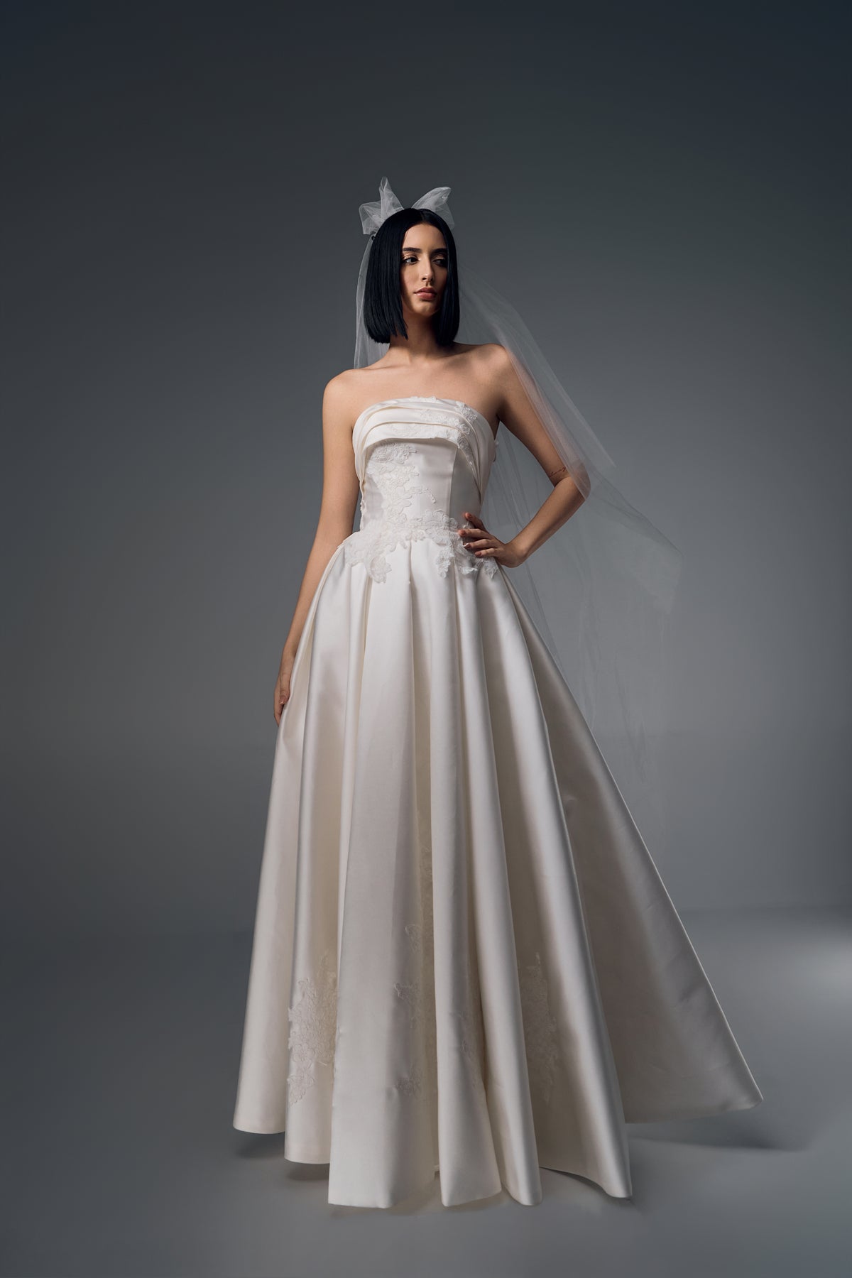 Idalia strapless lace and satin A-line wedding dress, front view