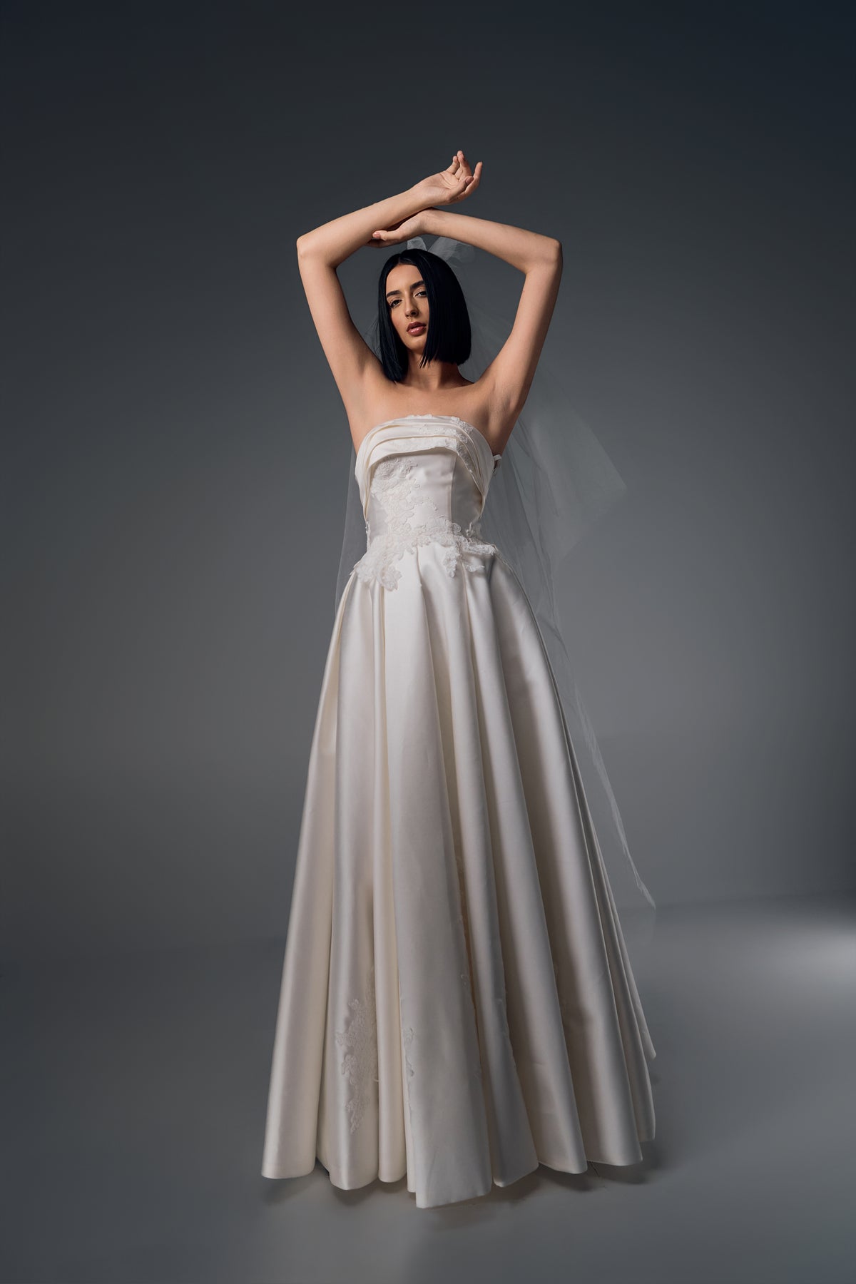 Idalia strapless lace and satin A-line wedding dress, full length view