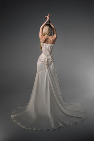 Isabeau sheer-corset draped satin mermaid wedding dress, back train view